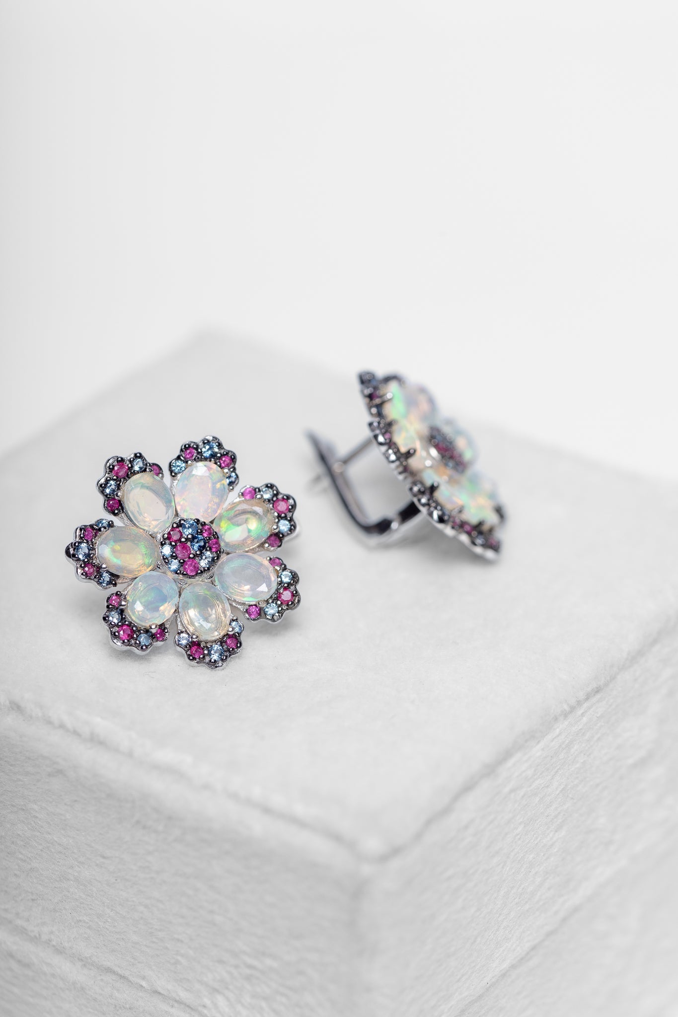 Opal and Ruby Flower Earrings