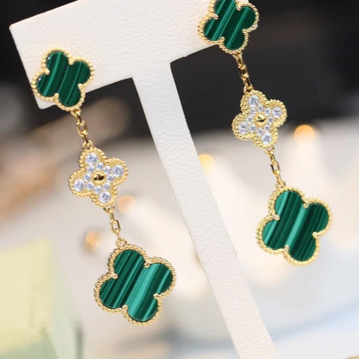 Clovers Malachite Diamond 3 Motif Earrings