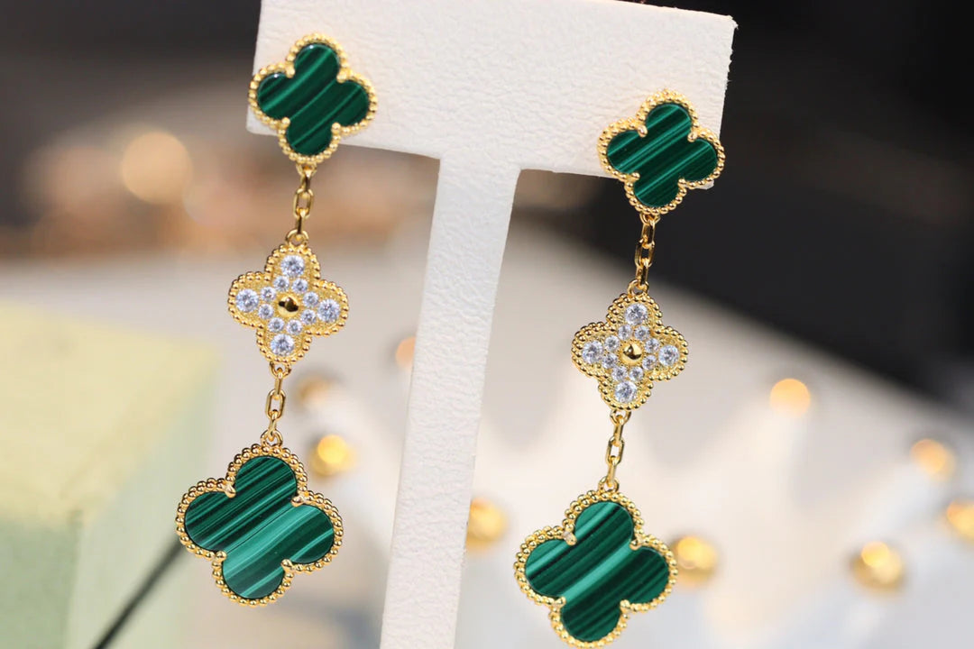 Clovers Malachite Diamond 3 Motif Earrings