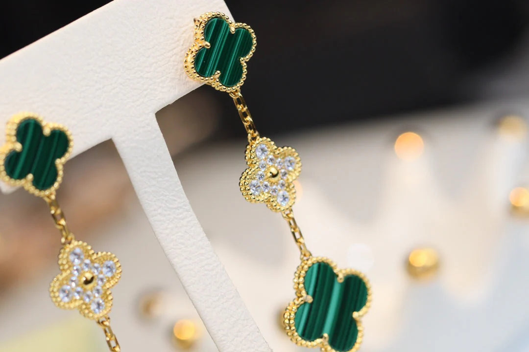 Clovers Malachite Diamond 3 Motif Earrings