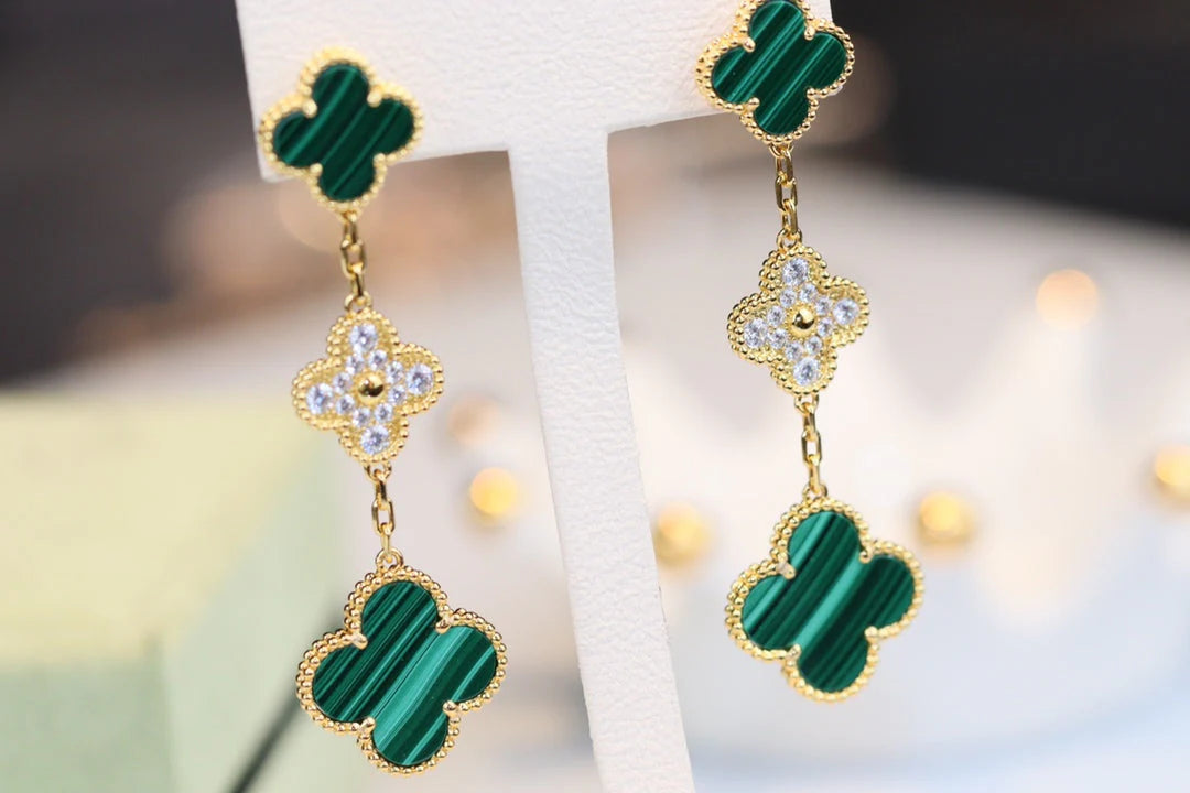 Clovers Malachite Diamond 3 Motif Earrings