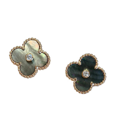 Clovers 1 Motif Grey MOP and Diamond Earrings