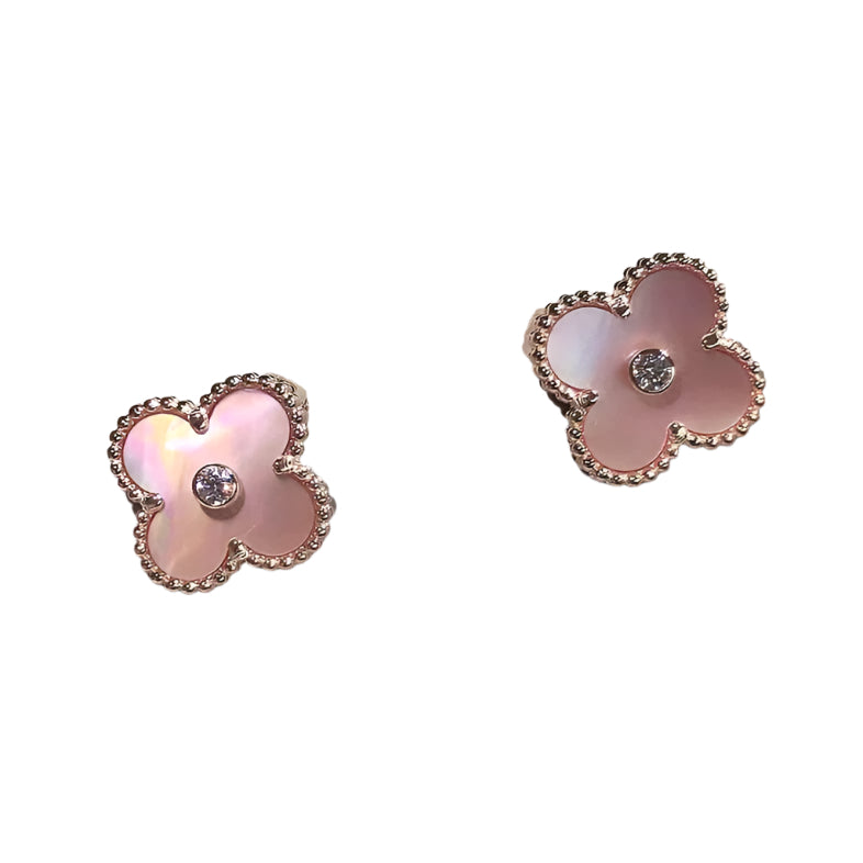 Clovers 1 Motif Pink MOP and Diamond Earrings