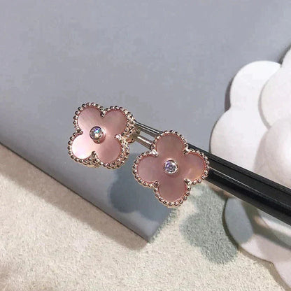 Clovers 1 Motif Pink MOP and Diamond Earrings