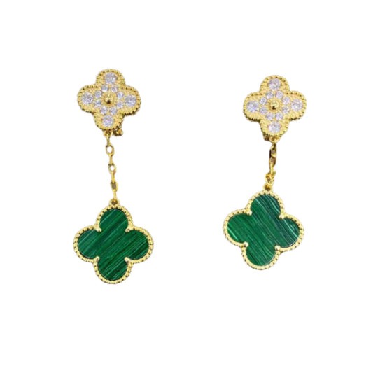 Clover 2 Motifs Malachite and Diamond Earrings