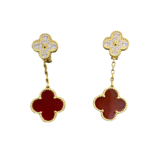 Clover 2 Motifs Carnelian and Diamond Earrings