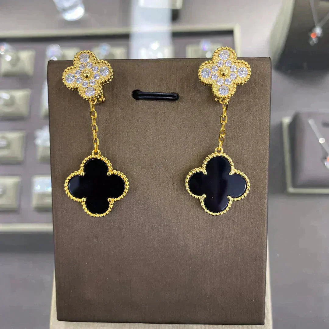 Clover 2 Motifs Onyx and Diamond Earrings