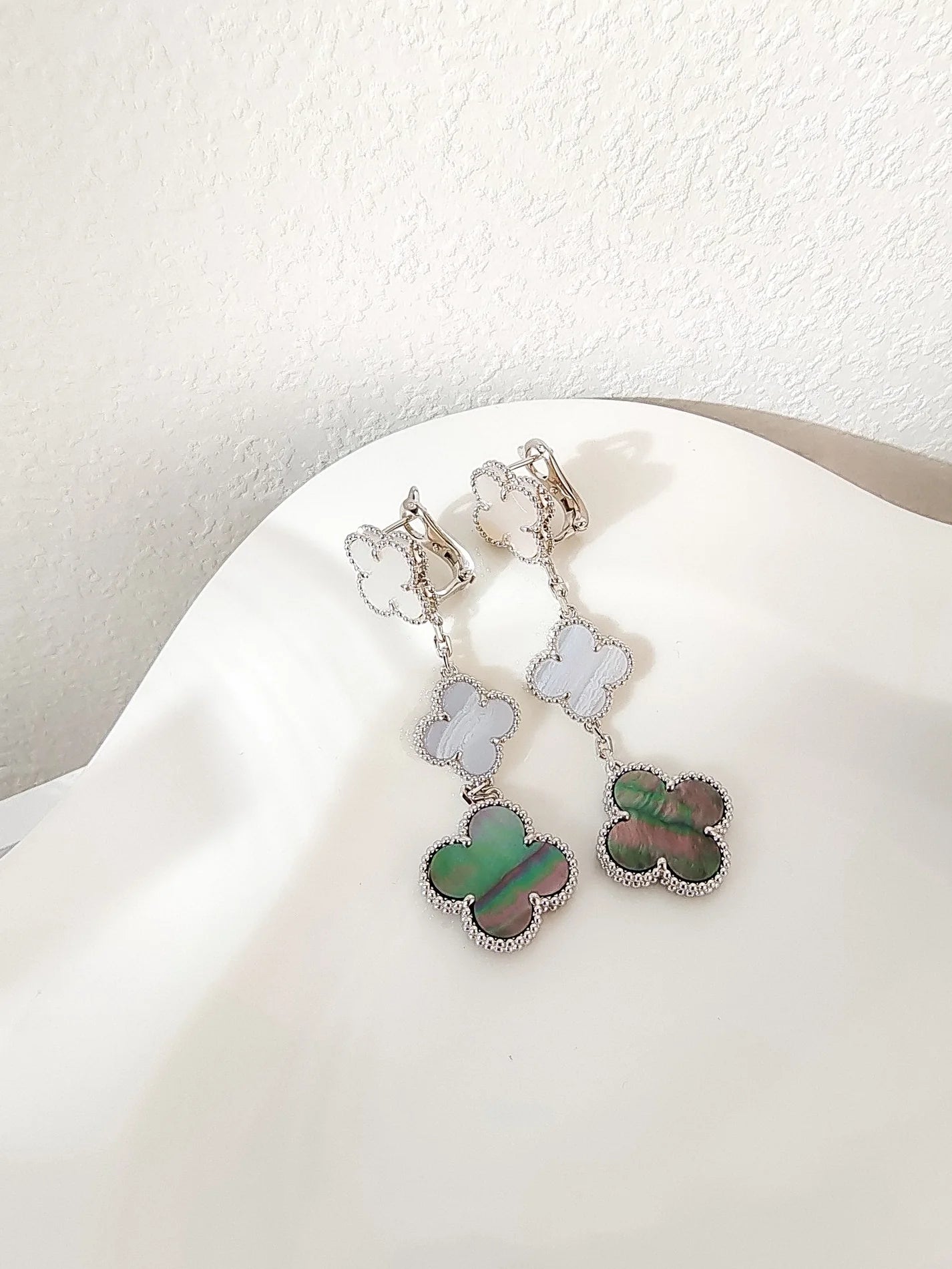 Clovers 3 Motifs Chalcedony and Dark MOP Earrings