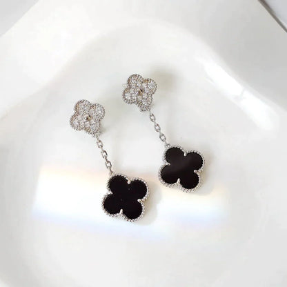 Clover 2 Motifs Onyx and Diamond Earrings