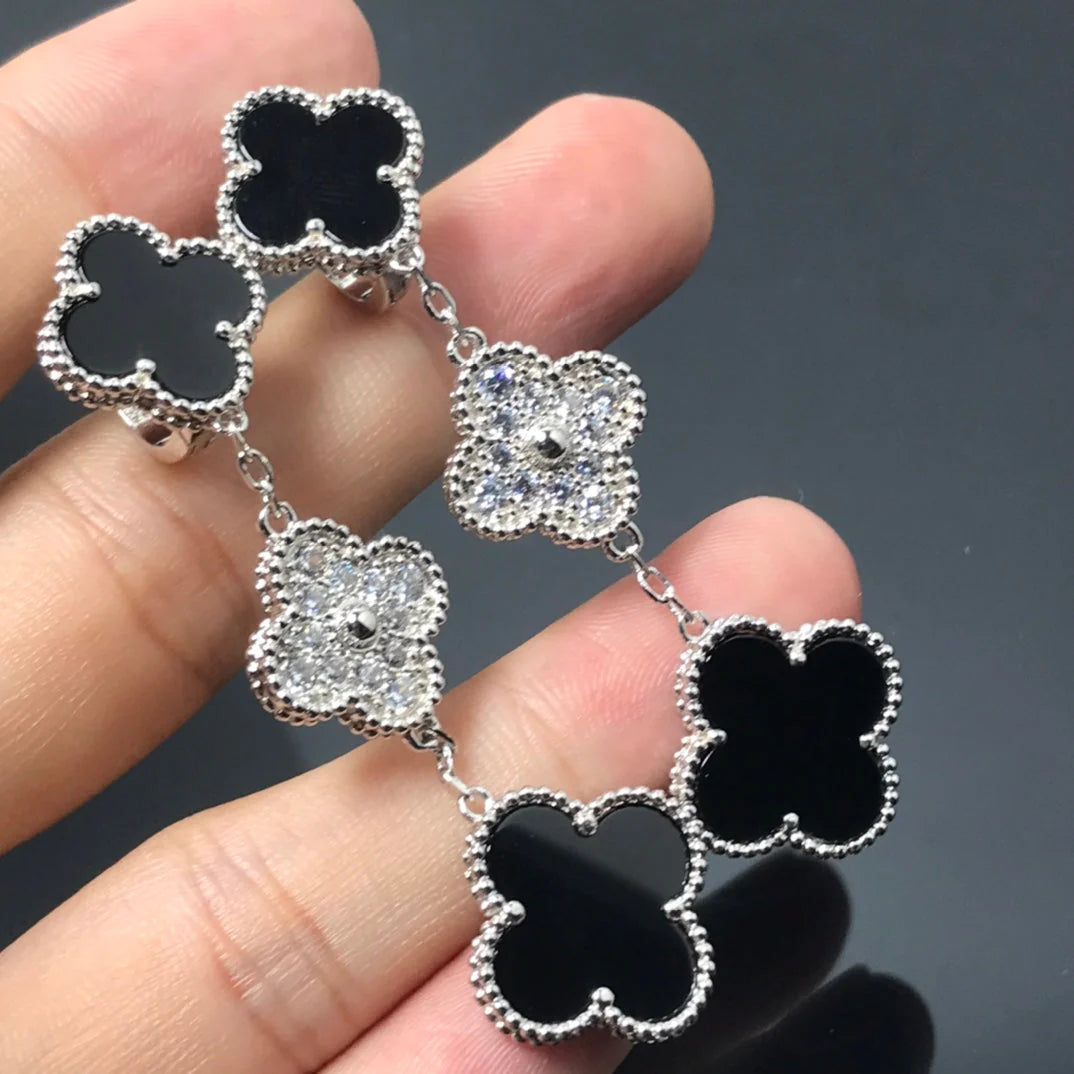 Clovers 3 Motif Onyx and Diamond Earrings