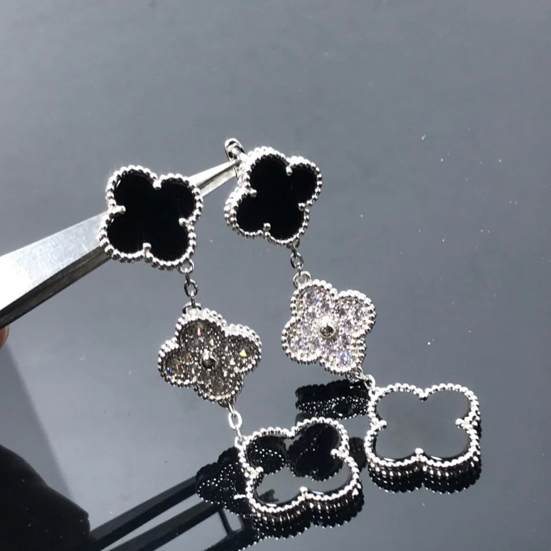 Clovers 3 Motif Onyx and Diamond Earrings