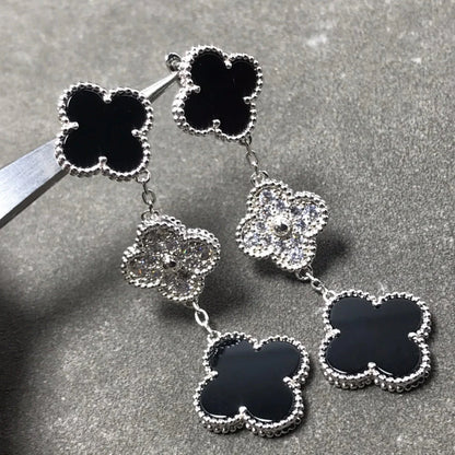 Clovers 3 Motif Onyx and Diamond Earrings