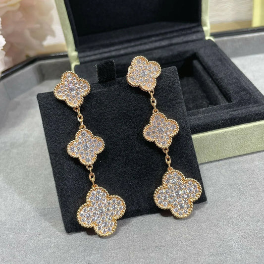 CLOVERS 3 MOTIFS GOLD DIAMOND PAVED EARRINGS