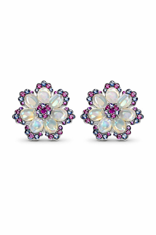 Opal and Ruby Flower Earrings