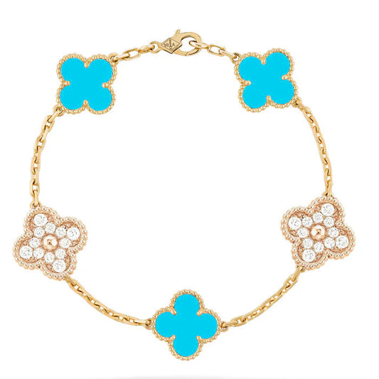 Clovers 5 Motifs Turquoise and Diamond Bracelet