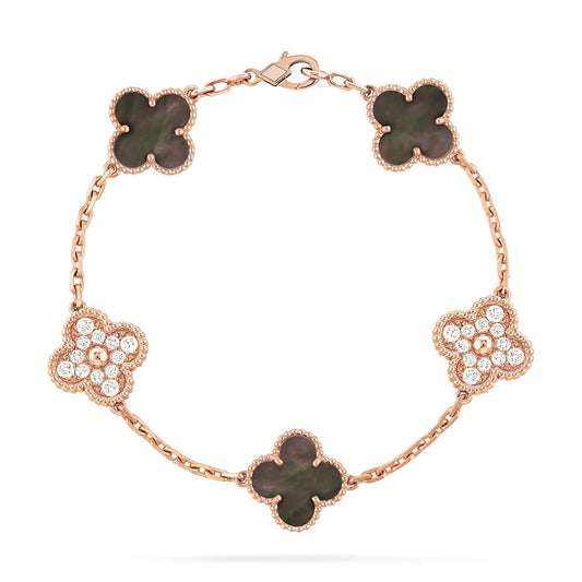 Clovers 5 Motifs Dark MOP and Diamond Bracelet