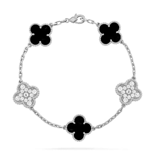 Clovers 5 Motifs Onyx and Diamond Bracelet