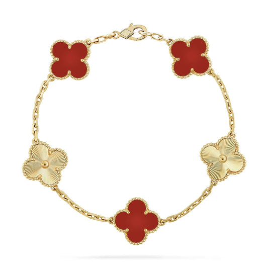 Clovers 5 Motifs Carnelian Gold Bracelet