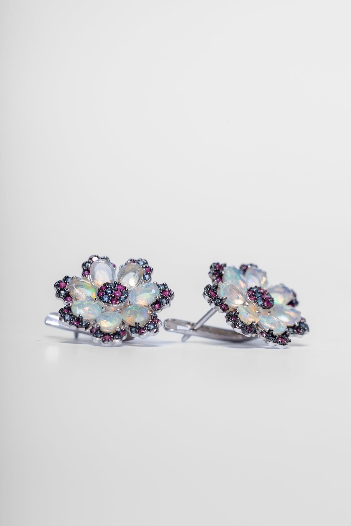 Opal and Ruby Flower Earrings