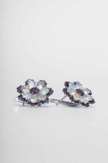 Opal and Ruby Flower Earrings