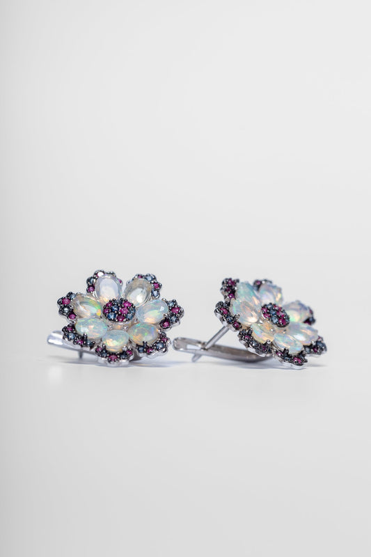 Opal and Ruby Flower Earrings