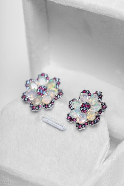 Opal and Ruby Flower Earrings