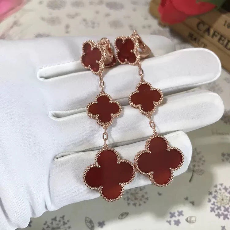 Clovers 3 Motif Carnelian Drop Earrings