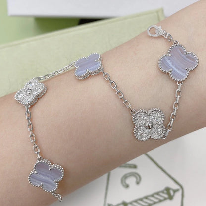 Clovers 5 Motifs Purple Chalcedony and Diamond Bracelet