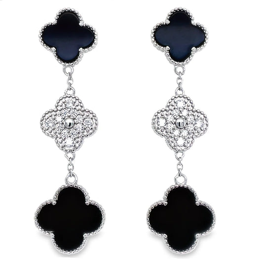 Clovers 3 Motif Onyx and Diamond Earrings