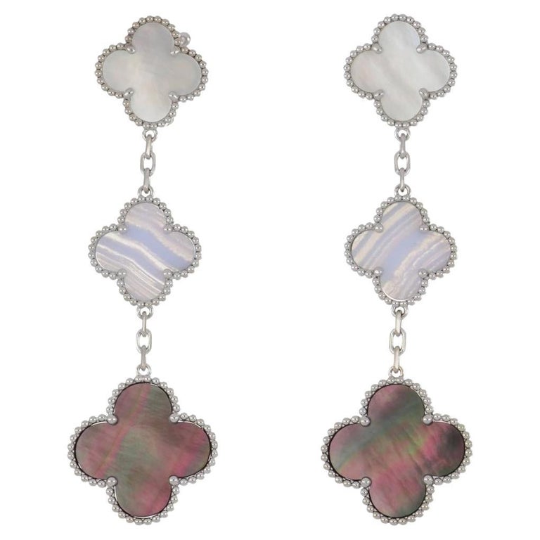 Clovers 3 Motifs Chalcedony and Dark MOP Earrings